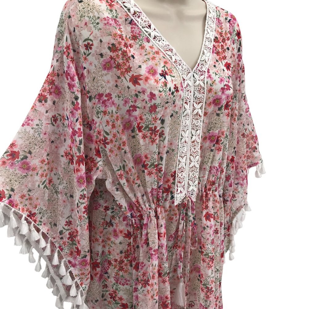 Charlie Paige Womens Cream Floral  Lace V Neck 3/4 Kimono Sleeve Swim Cover OS - Picture 2 of 9